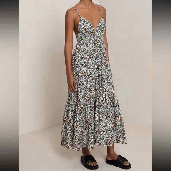 ALC Rhodes Printed Cotton Poplin Tiered Midi Dress 4 Multicolor Open Back - Picture 13 of 14